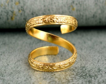 Handmade Gold Spiral Ring: Adjustable Floral Engraved Brass Wrap Jewelry