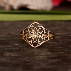 Filigree Flower of Life Ring: Sacred Geometry Brass Mandala