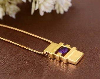 Natural Amethyst Gold Chain Necklace, Purple Gemstone, Charm Anniversary Gift Jewelry
