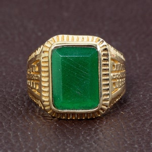 18K Gold Emerald Mens Signet Ring: Handmade Brass Statement Ring