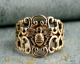 Anillo llamativo de abeja dorada, banda de filigrana ornamentada, joyería de latón de estilo vintage
