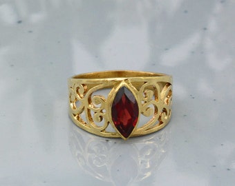 Marquise Red Garnet Brass Ring: January Birthstone, Minimalist Statement Jewelry