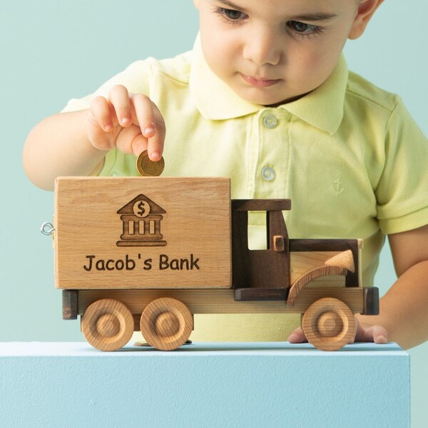 thumbnail image 2 of Personalized Wood Piggy Bank - 7" Tall Kids Saving Gift With Alphabet Initial Dog Cat Design 2 of 4