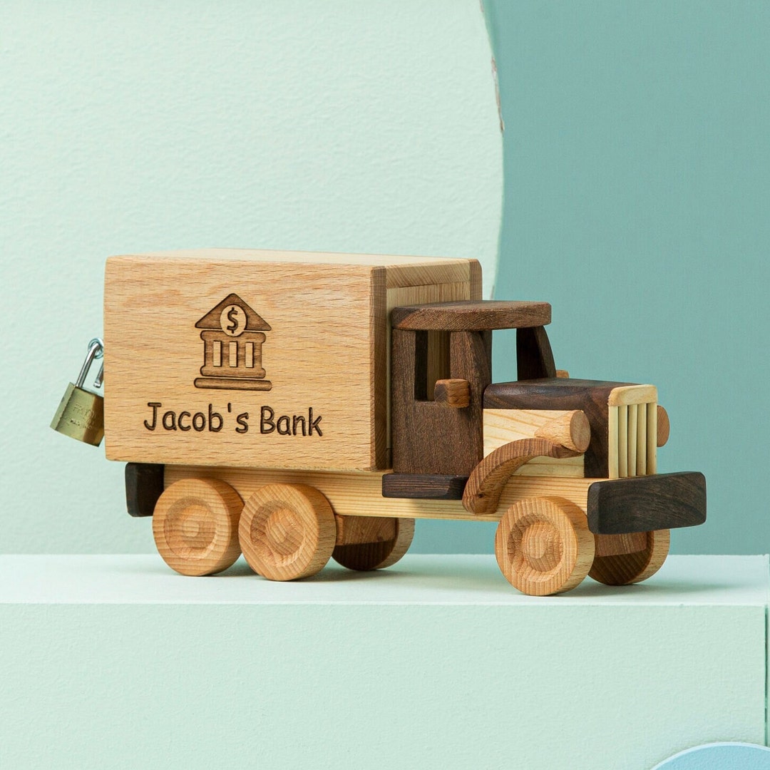 Piggy Bank Truck Toy, Wooden Handmade Toy Truck, Custom Coin Bank, Gift