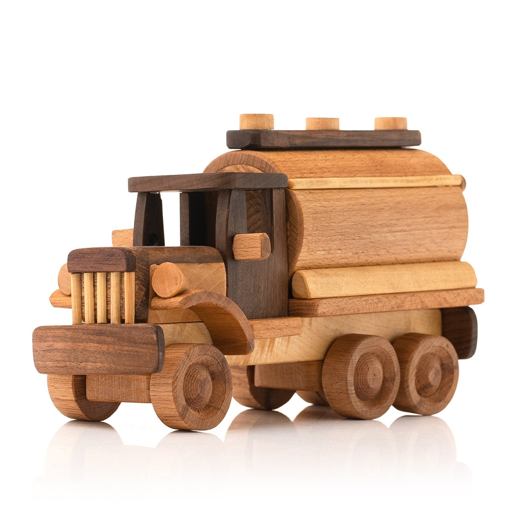 FOUR Wooden Toy TRUCK Set Log Barrel Tanker Dump Truck Wood