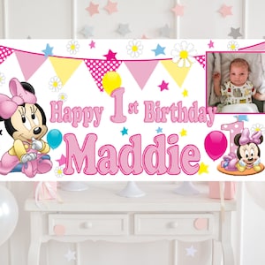 Large Personalised Baby Minnie Mouse 1st Birthday Banner First Party Decorations Name Age Photo Pink Girls Kids Backdrop Bunting Garland