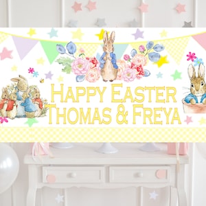 Grandes decoraciones de Pascua personalizadas, pancarta de Peter Rabbit, póster, fiesta, búsqueda de huevos, nombre, edad, niñas, niños, primer conejito, telón de fondo, banderines, letrero