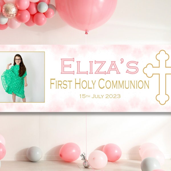 Personalised First Holy Communion Banner Pink Blue Gold Party Decorations Name Photo 1st Confirmation Bunting Poster Backdrop Girls Boys