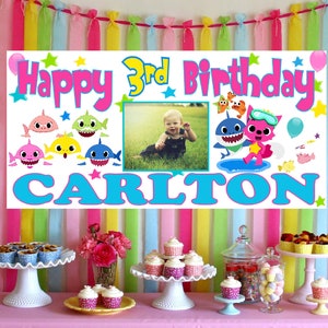 Grande faixa de pôster de aniversário de tubarão bebê personalizado decorações de festa nome idade foto meninas meninos primeiro 1º 2º 3º 4º 5º 6º 7º 8º 9º