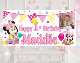 LARGE KIDS MINNIE BIRTHDAY POSTER BANNER PERSONALISED ANY NAME THEME TEXT PHOTO