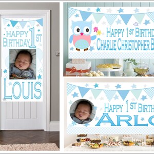 Grande pôster de banner de aniversário personalizado de 1º aniversário, decorações para festa, nome, idade, foto, primeiros meninos, bandeirinha azul, sinal personalizado, guirlanda