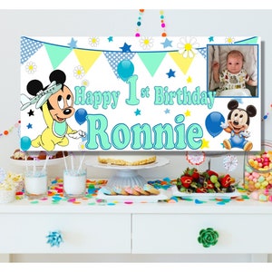Large Personalised Baby Mickey Mouse 1st Birthday Banner Poster First Party Decorations Name Age Photo Girls Boys first 1st 2nd 3rd 4th Blue