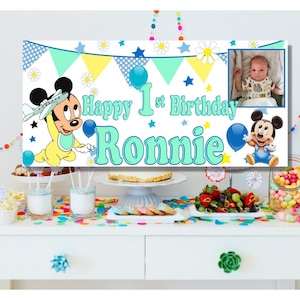 Grande poster personalizzato per striscione di Topolino per il primo compleanno, decorazioni per la prima festa, nome, età, foto, bambine, bambini, primo, 1°, 2°, 3°, 4°, blu