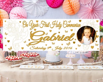 Large Personalised First Holy Communion Banner Photo Name Gold Party Decorations 1st Confirmation Cross Bunting Poster Backdrop Girls Boys