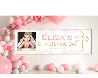 6ft Large Personalised Christening Banner with Photo Baptism or First Holy Communion Decorations Boys Girls Pink Blue Gold Indoor or Outdoor