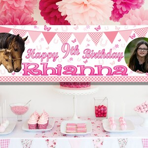 Große personalisierte Pferd & Pony Geburtstagsbanner mit Foto-Partydekorationen Jeder Name Alter Mädchen 4