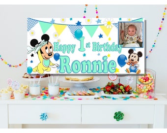 Large Personalised Baby Mickey Mouse 1st Birthday Banner Poster First Party Decorations Name Age Photo Girls Boys first 1st 2nd 3rd 4th Blue