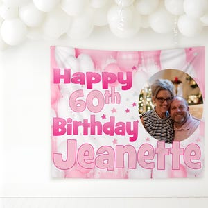 Fondo de cumpleaños personalizado para niñas, decoraciones de fiesta rosas, nombre, edad, foto, cualquier edad, 18, 21, 30, 40, 50, 60, 70, 80 años, al aire libre, mujeres