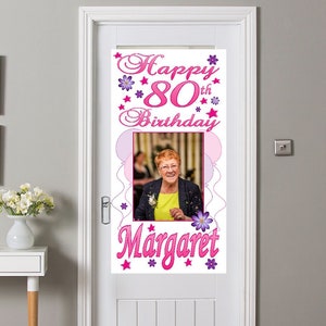 Grande poster personalizzato per striscioni di compleanno rosa e viola, decorazioni per feste Nome Età Foto 1° 16° 18° 21° 30° 40° 50° 60° 70° 80° 90°