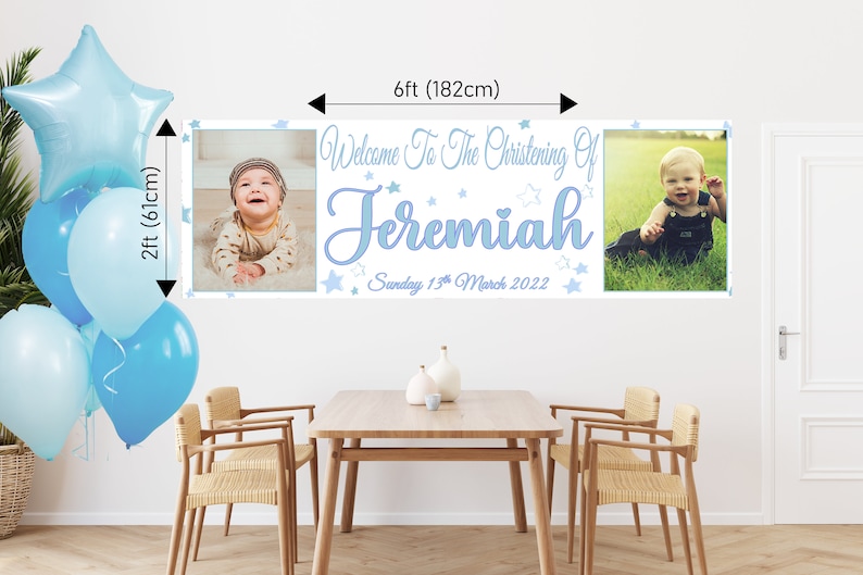 6ft Large Personalised Christening Banner with 2 Photos Baptism First Holy Communion Decorations Boys Girls Silver Rose Gold Indoor Outdoor image 6