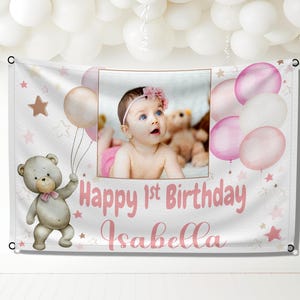 Grande sfondo personalizzato per il primo compleanno, striscione per il primo compleanno delle bambine con nome, età, foto, decorazioni per feste con orsacchiotto rosa, tessuto, per esterni