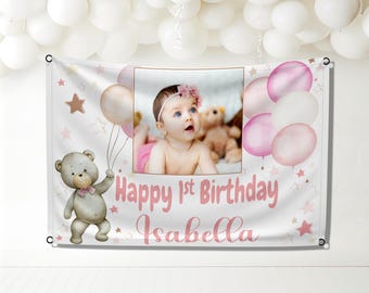 Personalised Pink Teddy Bear Bow Photo Birthday Banner Party Poster ...