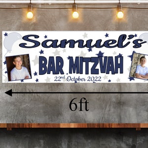 Personalised Bar Mitzvah / Bat Mitzvah Banner Poster Party Decorations Name & Photo Boys Girls Navy Blue Pink Silver Physical Printed Sign