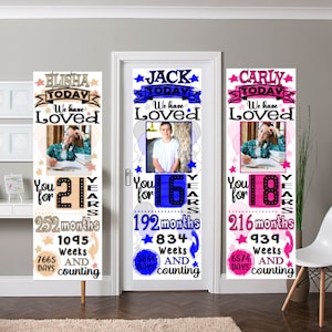 Personalised Birthday Banner Poster Party Decorations Name Age Photo 16th 18th 21st Mens Girls Boys teenager 13th blue silver pink rose gold