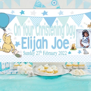 Large Personalised Winnie The Pooh Christening Banner Poster Baptism Party Decorations Name Date Photo Girls Boys first 1st Pink Blue Sign