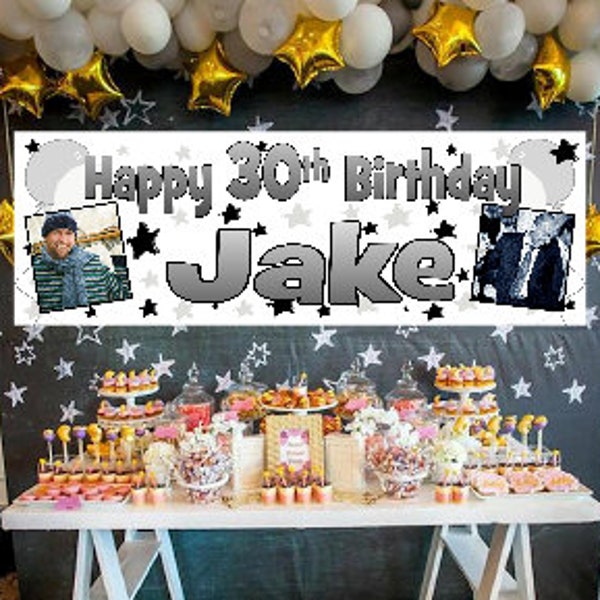 Personalised Black and Silver Birthday Banner Party Decorations Name Age Photo 16th 18th 21st 30th 40th 50th 60th 70th 80th Poster Mens Boys