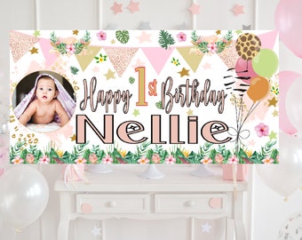 Large Personalised Safari Jungle Birthday Banner Animals Pink Blush Poster Party Decorations Name Age Photo girls first 1st 2nd 3rd Backdrop