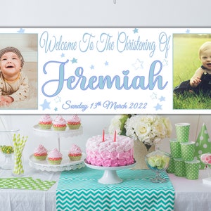 6ft Large Personalised Christening Banner with 2 Photos Baptism First Holy Communion Decorations Boys Girls Silver Rose Gold Indoor Outdoor image 2