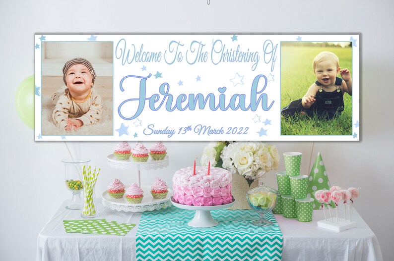 6ft Large Personalised Christening Banner with 2 Photos Baptism First Holy Communion Decorations Boys Girls Silver Rose Gold Indoor Outdoor image 2