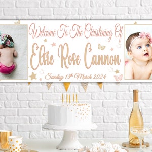 6ft Large Personalised Christening Banner with 2 Photos Baptism First Holy Communion Decorations Boys Girls Silver Rose Gold Indoor Outdoor image 4