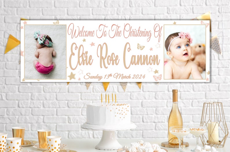 6ft Large Personalised Christening Banner with 2 Photos Baptism First Holy Communion Decorations Boys Girls Silver Rose Gold Indoor Outdoor image 4