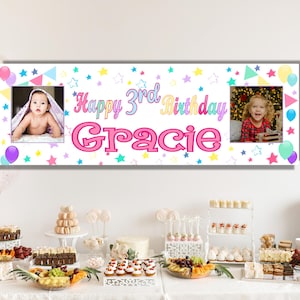 Large Personalised Pastel Rainbow Happy Birthday Party Decorations Banner Poster Name Age Photo Girls first 1st 2nd 3rd 4th 5th 6th 7th 8th
