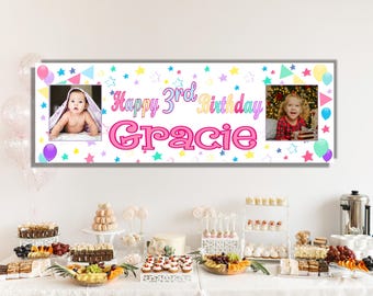 Personalisierte Pastell Regenbogen Geburtstagsbanner, Foto & Name