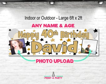 Personalised Black and Gold Birthday Banner Party Decorations Name Age Photo 18th 21st 30th 40th 50th 60th 70th Poster him her men women