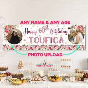 Gran pancarta de cumpleaños personalizada con foto, nombre y edad, decoraciones florales bohemias rosas para fiestas, 18, 21, 30, 40, 50, 60, 70 y 80 años, mujeres