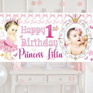 Grande affiche bannière personnalisée 1er anniversaire princesse décorations de fête prénom âge photo filles premier 1er 2e vintage fée or rose