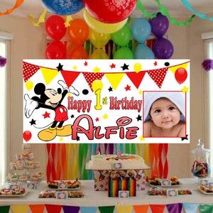 Grande pôster personalizado de aniversário do Mickey Mouse, decoração para festa da Minnie, nome, idade, foto, primeiro, 1º, 2º, 3º, 4º, 5º, 6º, 7º, 8º, 9º, vermelho