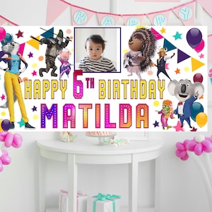 Faixa de aniversário personalizada Sing 2, pôster com foto, decoração para festa, nome, idade, meninas, meninos, primeiro, 1º, 2º, 3º, 4º, 5º, 6º, 7º, 8º, cenário, sinal