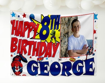 Large Personalised Superhero Backdrop Customised Spiderman Banner with Name Age & Photo Boys Party Decorations Fabric Cloth Outdoor 5ft