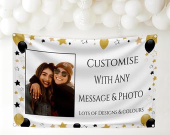 Large Personalised Black & Gold Backdrop Customised Banner with Name Photo Any Message  Flag Fabric Cloth Sign UK Outdoor Party Decorations