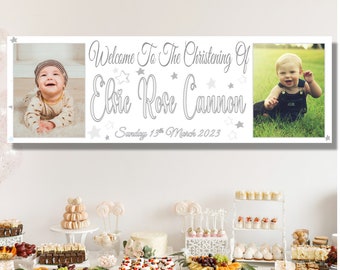 6ft Large Personalised Christening Banner with 2 Photos Baptism First Holy Communion Decorations Boys Girls Silver Rose Gold Indoor Outdoor