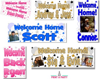 Personalised Welcome Home Return Back Banner Party Decorations Name Photo Mens Womens Boys Girls Pink Blue Silver Gold Sign Indoor Outdoor