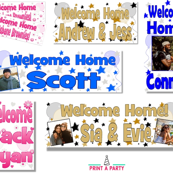 Personalised Welcome Home Return Back Banner Party Decorations Name Photo Mens Womens Boys Girls Pink Blue Silver Gold Sign Indoor Outdoor