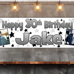 Large personalised black and silver birthday banner party decorations name age photo 16th 18th 21st 30th 40th 50th 60th 70th 80th mens boys