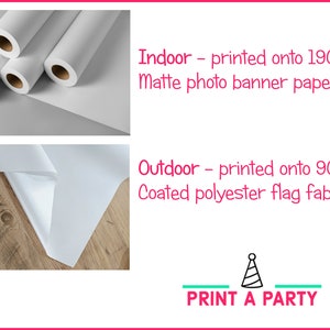 Puede incluir: Dos im&aacute;genes que muestran los diferentes materiales utilizados para las pancartas de interior y exterior. La imagen superior muestra rollos de papel de banner fotogr&aacute;fico mate blanco de 190 g/m&sup2;. La imagen inferior muestra un trozo de tejido de bandera de poli&eacute;ster recubierto blanco de 90 g/m&sup2;. El texto "PRINT A PARTY" est&aacute; en la parte inferior de la imagen.