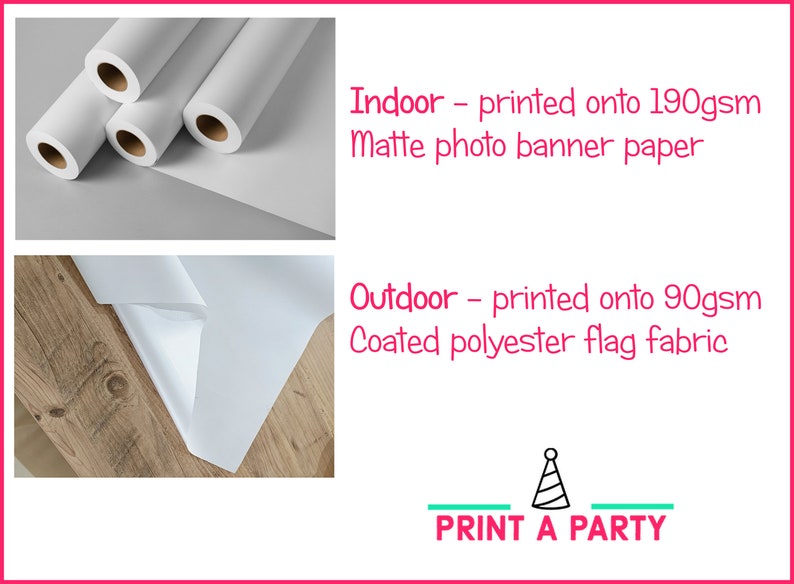 Puede incluir: Dos im&aacute;genes que muestran los diferentes materiales utilizados para las pancartas de interior y exterior. La imagen superior muestra rollos de papel de banner fotogr&aacute;fico mate blanco de 190 g/m&sup2;. La imagen inferior muestra un trozo de tejido de bandera de poli&eacute;ster recubierto blanco de 90 g/m&sup2;. El texto "PRINT A PARTY" est&aacute; en la parte inferior de la imagen.